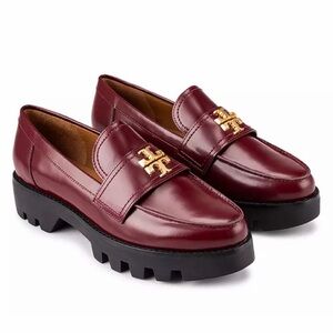 NWT Tory Burch Mini Everly Chunky Loafers Logo Burgundy, 9